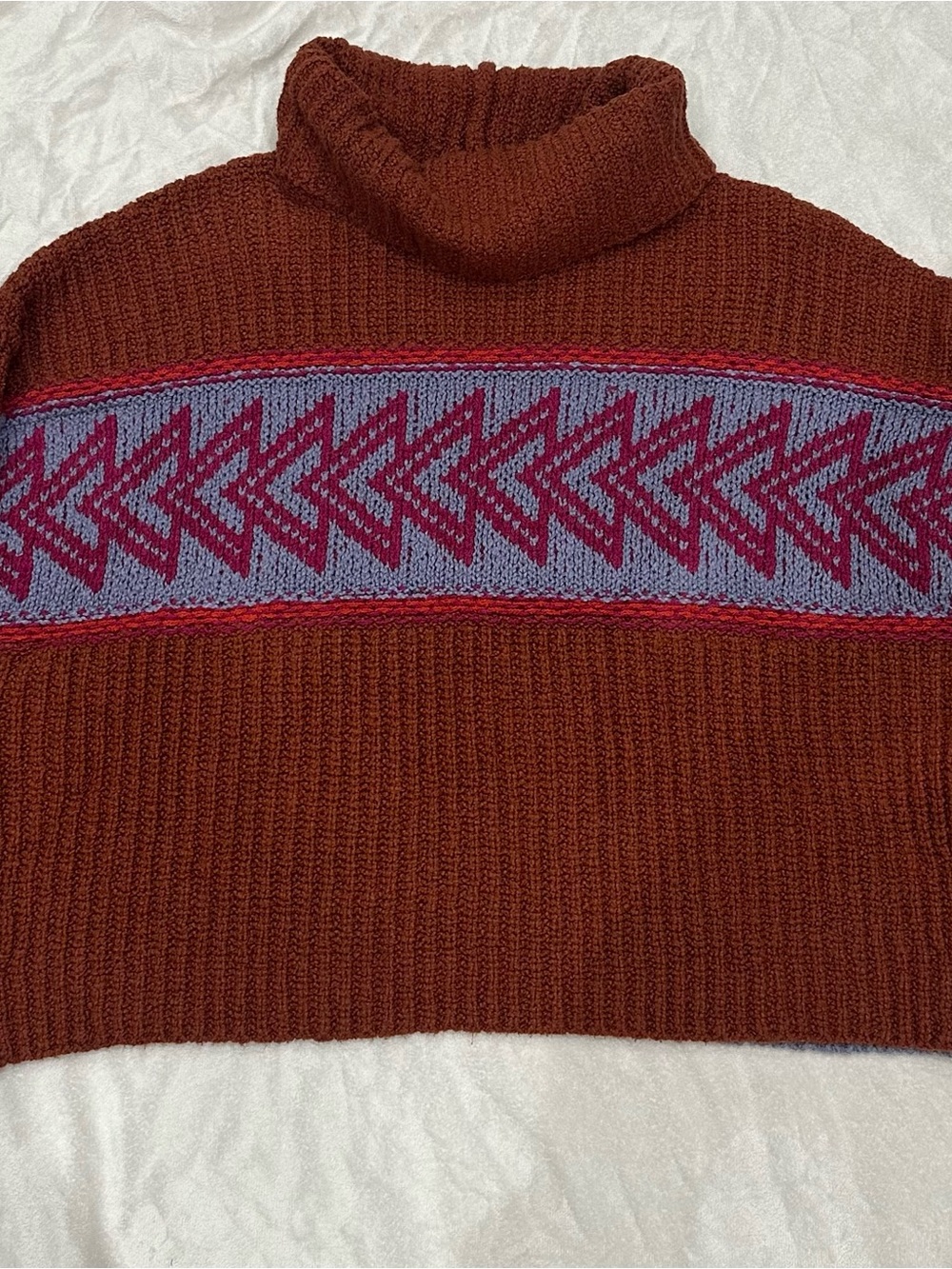 Free People Rust Cowlneck Sweater with Pink Patterned Panel